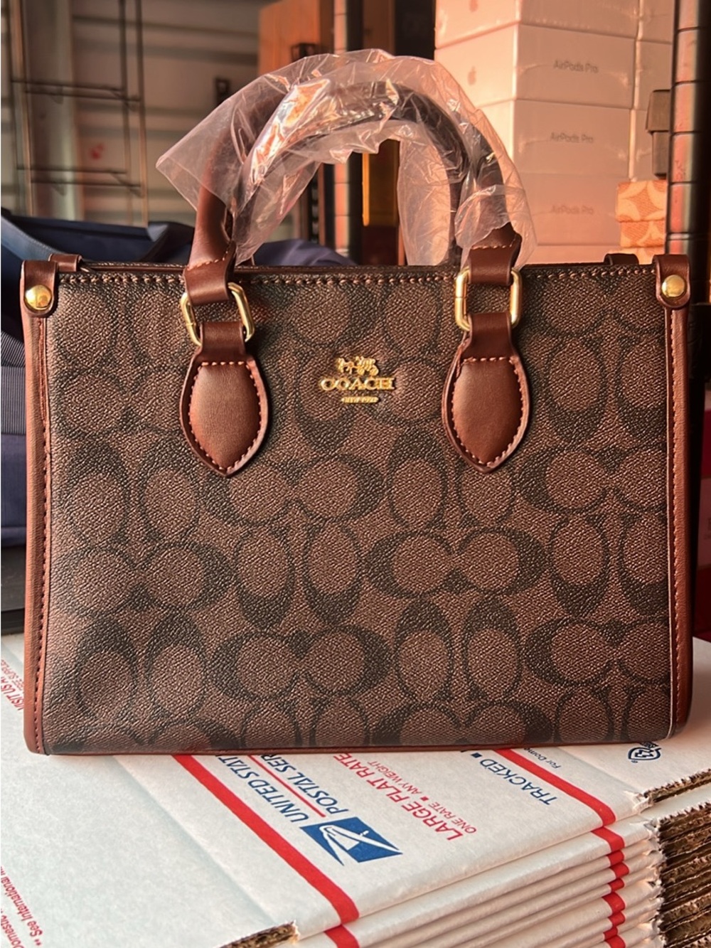 Coach Brown Signature Canvas Satchel with Gold Hardware